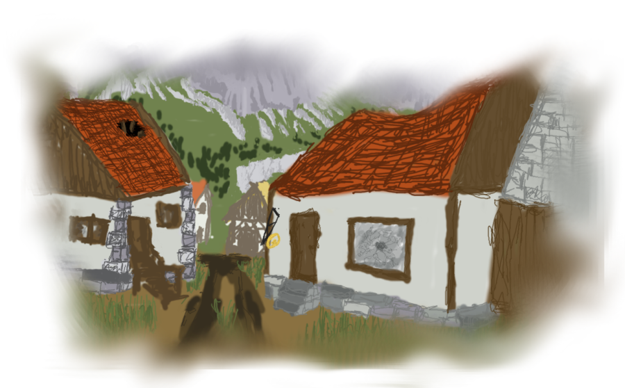 Ein Zeichnung von einem Bergdorf