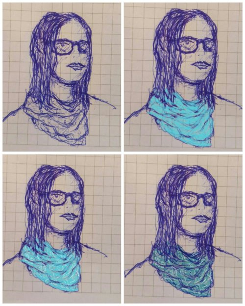 Frau mit Schal in vier Varianten.