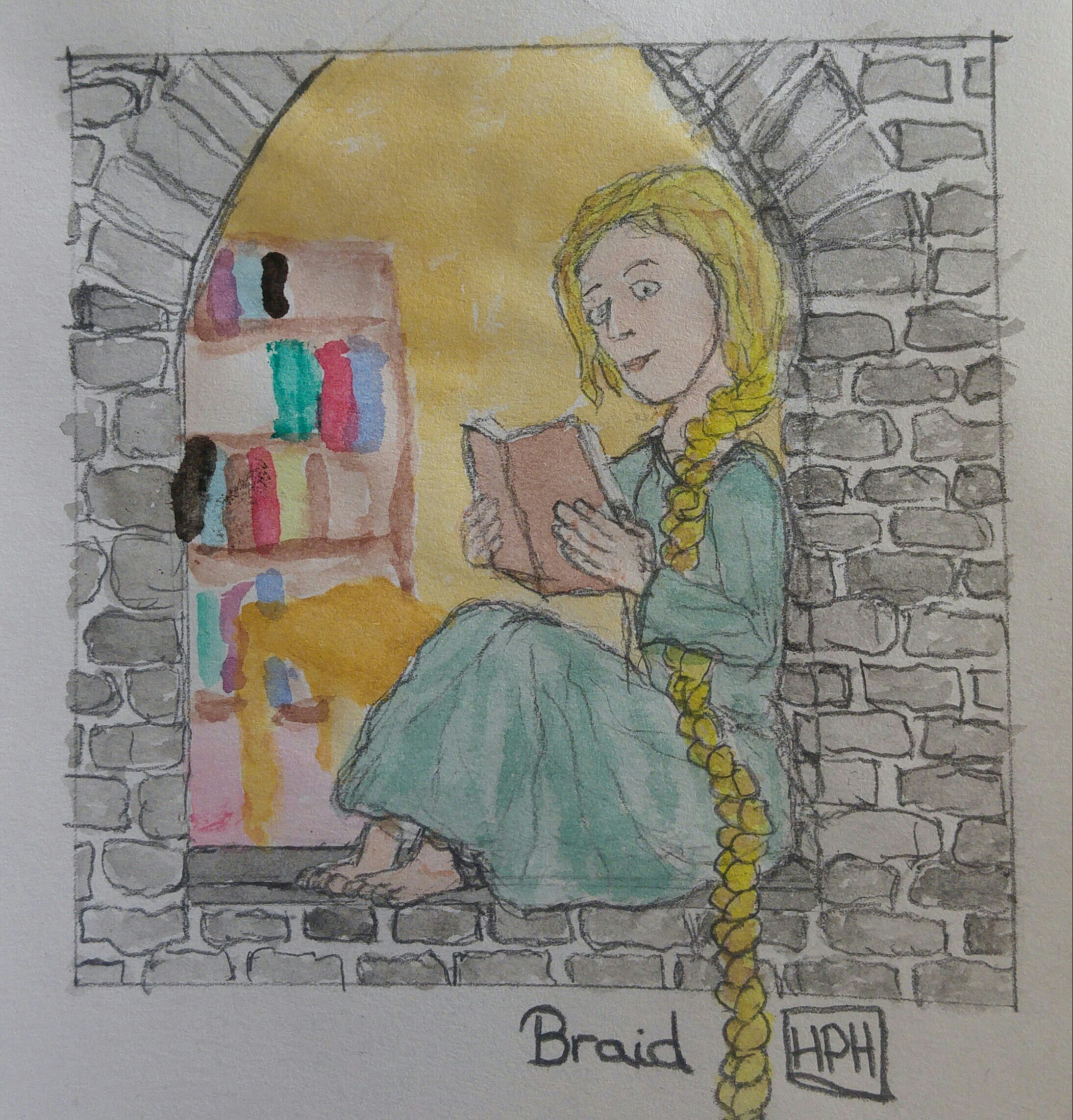 Rapunzel lesend im Turmfester.